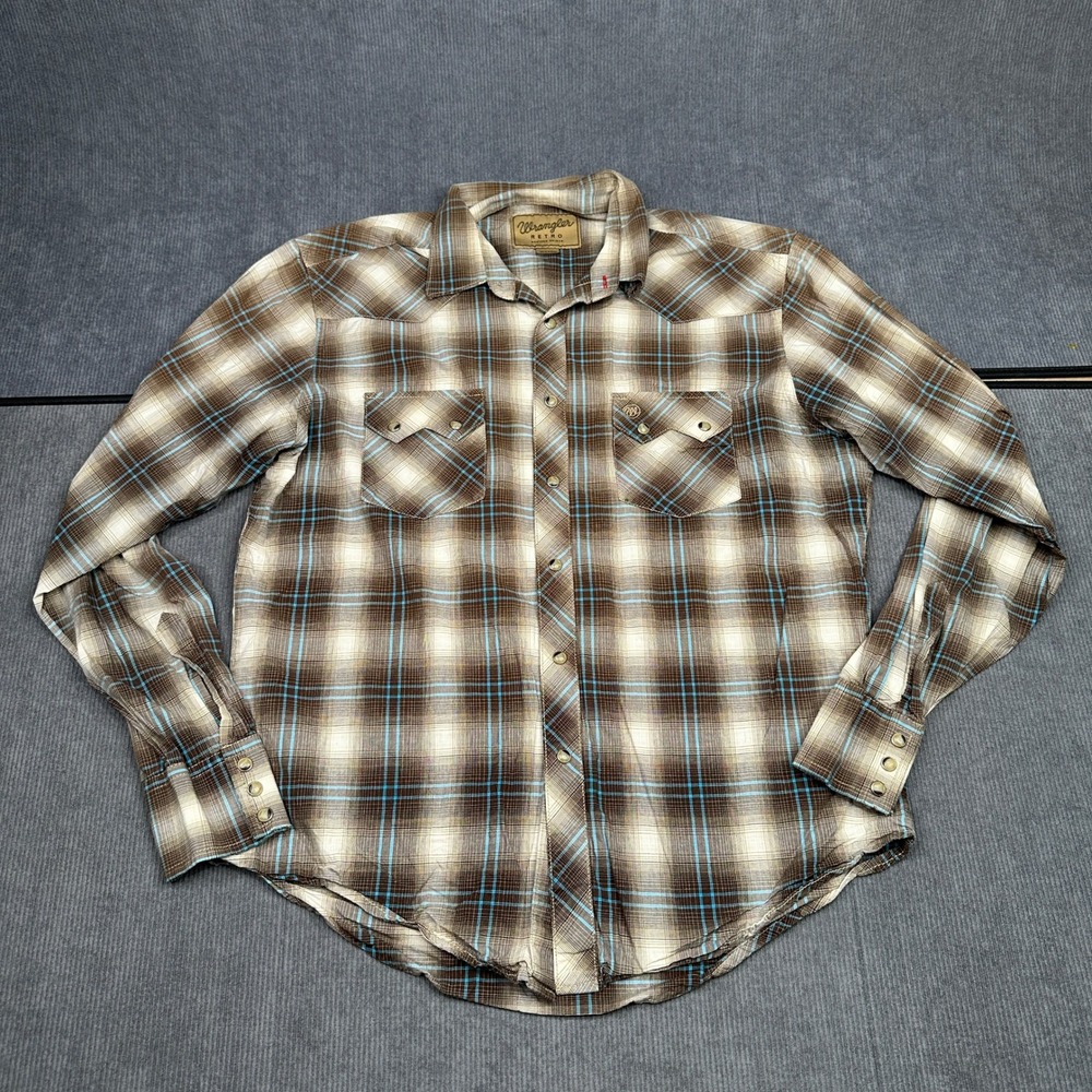 Wrangler Retro Western Shirt Mens Medium Brown Blue Plaid Pearl Snap MVR405M Y2k
